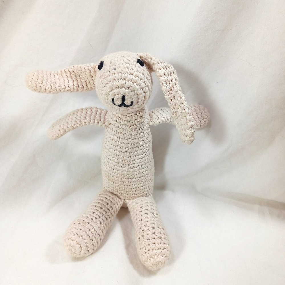 Pebble Organic Cotton Crochet Knit Bunny Rabbit Baby Rattle Toy Handmade 8"